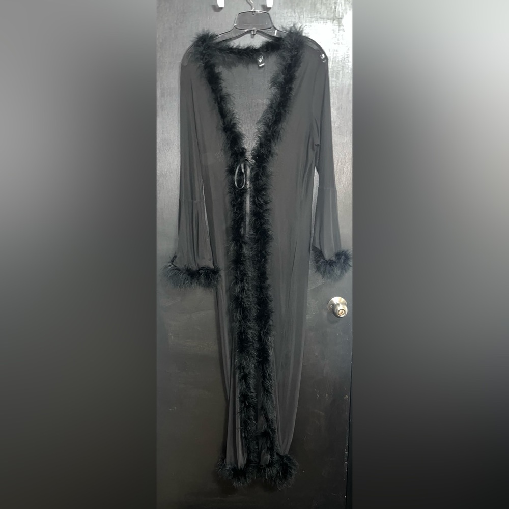 Fur trim sheer robe floor length